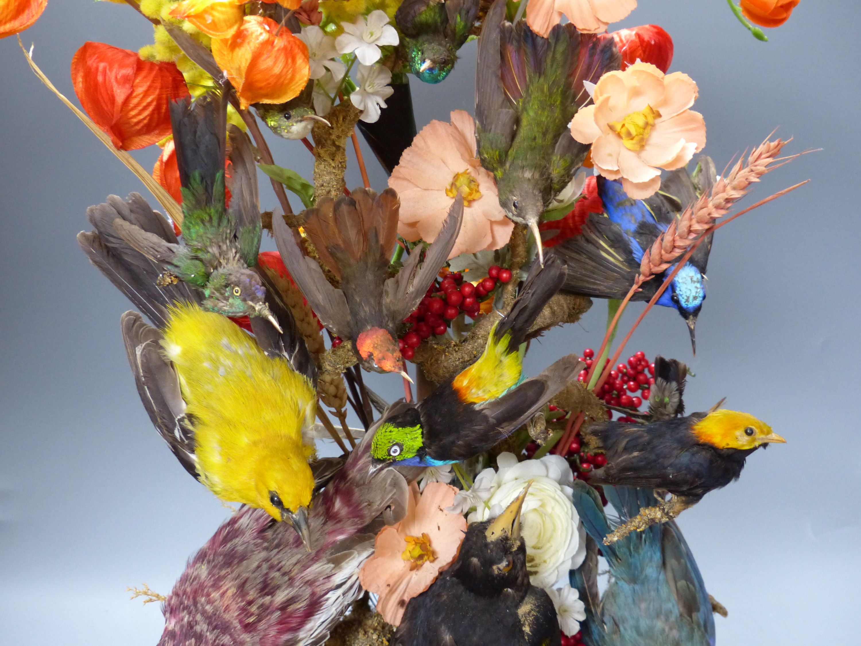 A Victorian still life display of taxidermic canaries, flowers and leaves